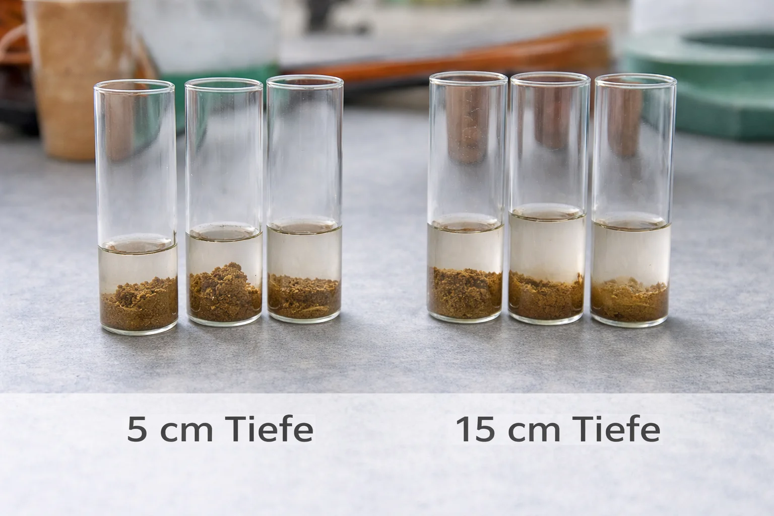 Gute mit penergetic g umgebaute Gülle: Bodenprobe mit niedriger Auswaschung, 5 cm und 15 cm Tiefe