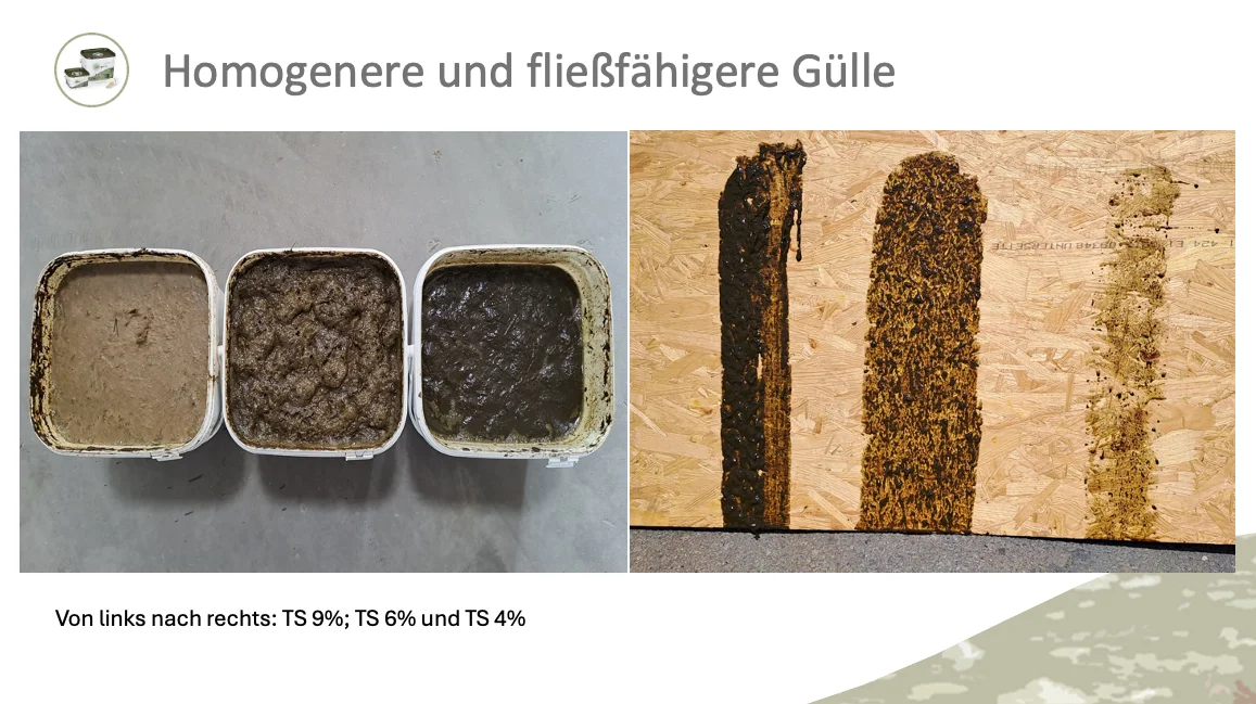 Drei Gülleproben mit TS 9 %, 6 % und 4 %, von zäh zu homogen und fließfähig